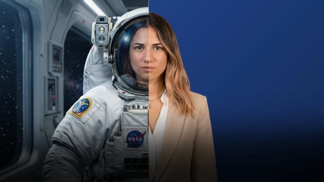 Split image showing a woman half dressed as an astronaut inside a spacecraft and half as a business professional against a clean background, symbolizing career transformation and dual expertise