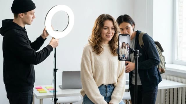 Three people recording a video indoors, with one person on camera and others adjusting a ring light and smartphone.