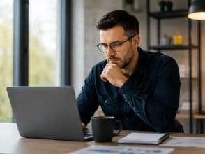 A professional man looking at his laptop in his office