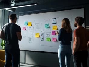 Team collaborating on a content marketing strategy using sketches and notes on a whiteboard.