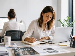 Women professionals working and taking notes in a modern office, with PR and communication strategy materials on the desk.