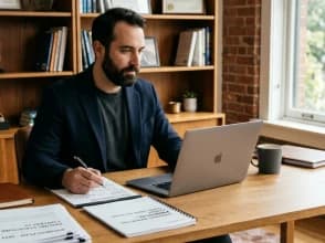 A professional man in his office in front of his laptop
