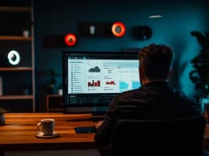 Professional analyzing SEO & GEO dashboards and data on a large monitor in a modern workspace.