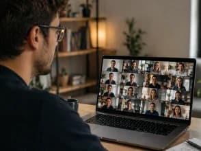 Person attending a Zoom video call with multiple participants on a laptop during an online class from home