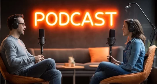 A man and a woman in a modern podcast studio, wearing headphones and speaking into microphones, with a neon "PODCAST" sign glowing in the background.