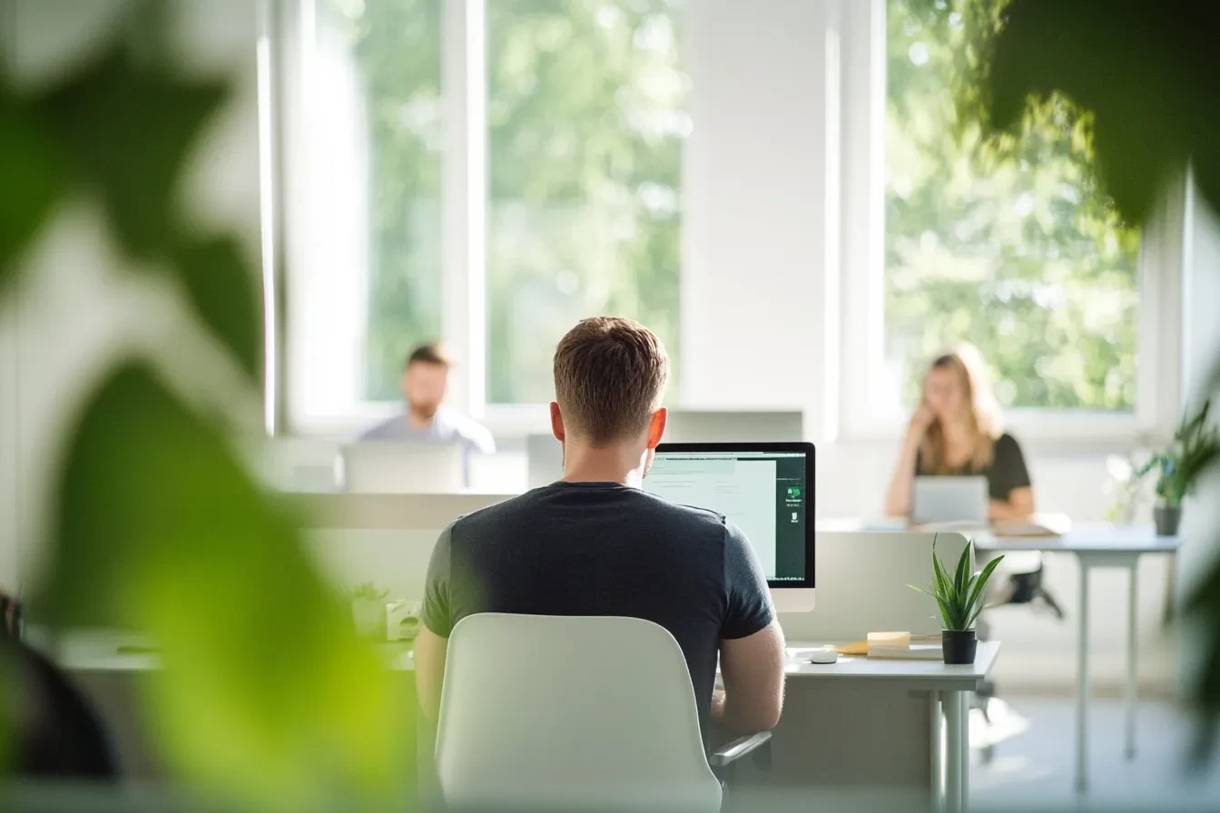 Person working at a computer in a bright, modern office with natural light and greenery.