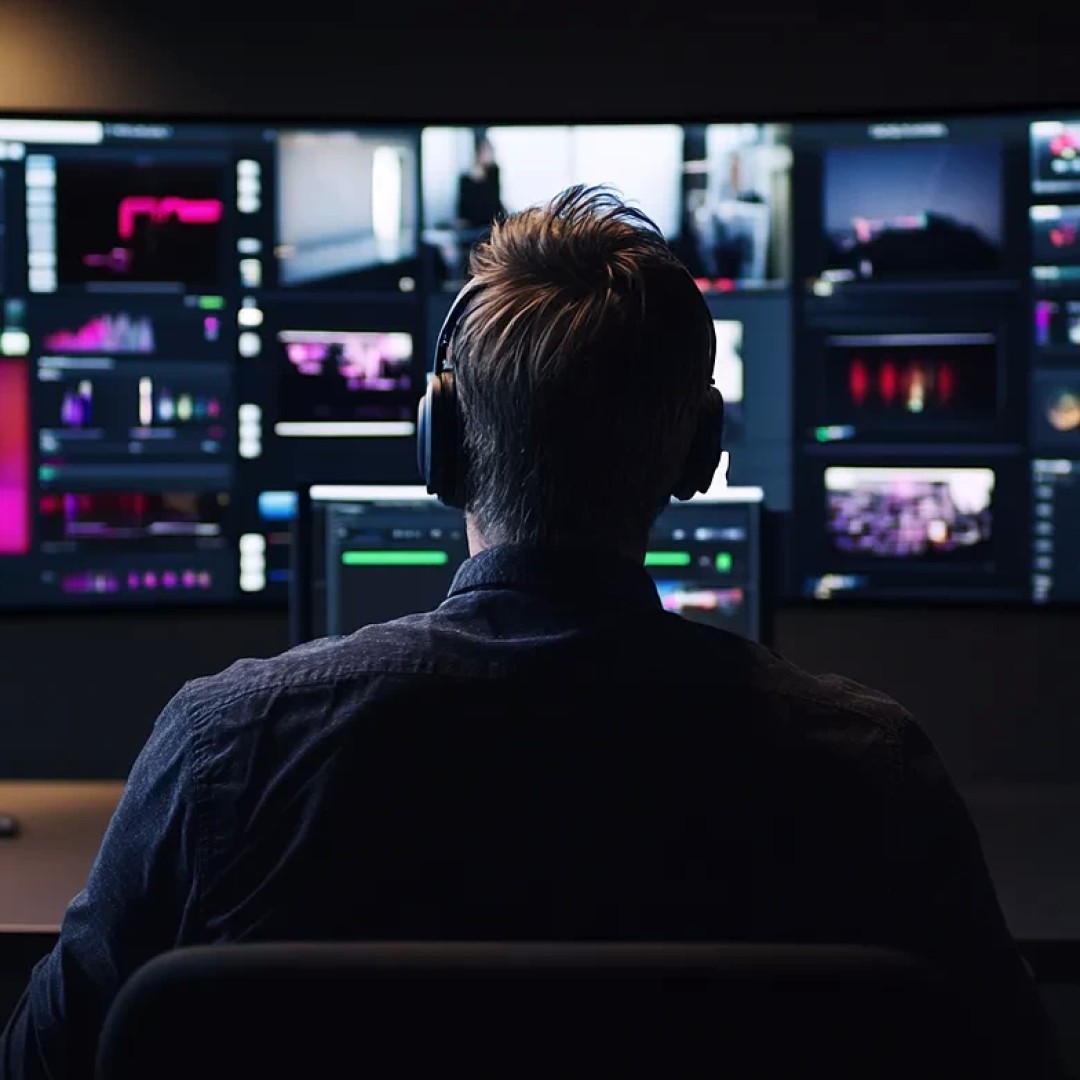 Person wearing headphones sitting at a desk with multiple large screens displaying data visualizations in a dark room.