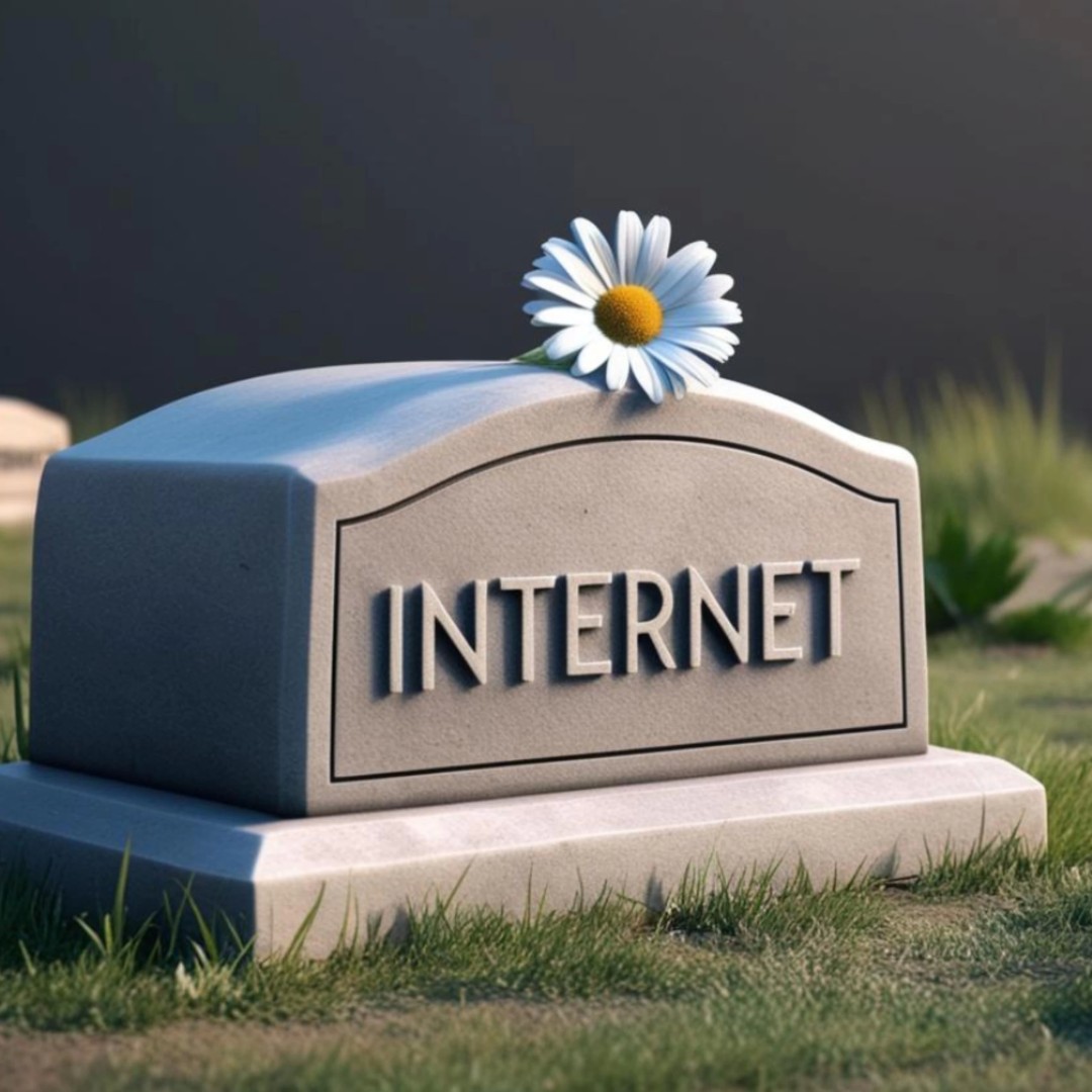 The image depicts a tombstone with the word "INTERNET" engraved on it, surrounded by grass and daisies, symbolizing the concept of the internet being "dead" or obsolete.