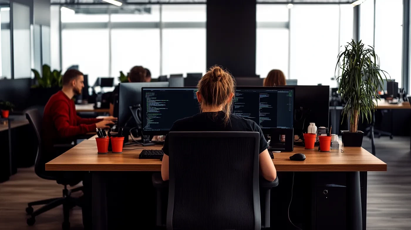 People working at desks in a modern office, focused on computer screens.