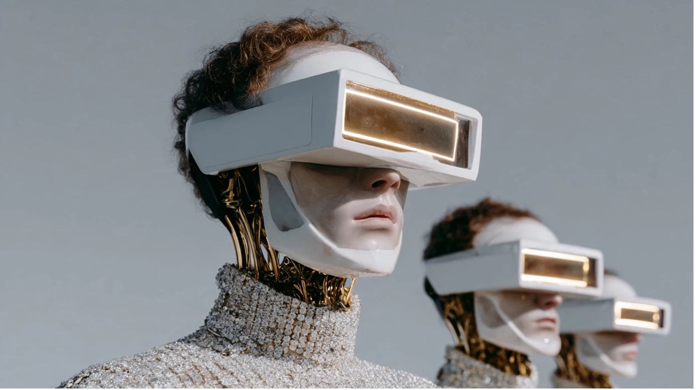 Three humanoid robots with metallic necks, curly hair, and futuristic illuminated visors stand in formation, facing the same direction.